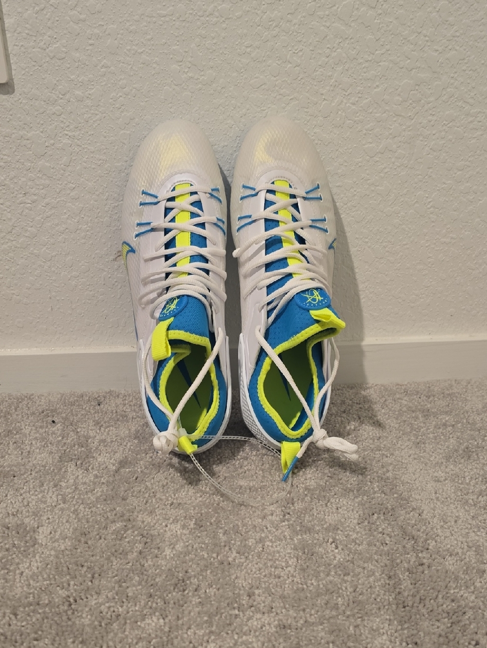 Soccer Shoes in White, Blue & Neon Yellow